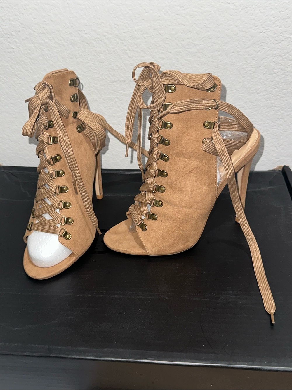 Suede Lace-Up Peep Toe Ankle Boots in Tan